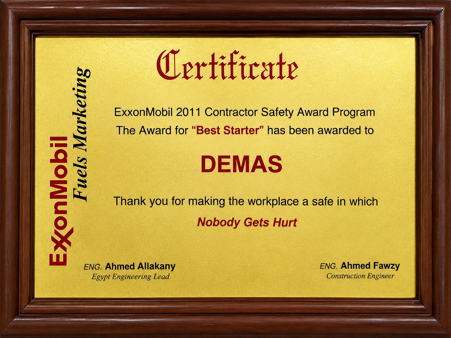 ExxonMobil 2011 Best Starter safety award certificate