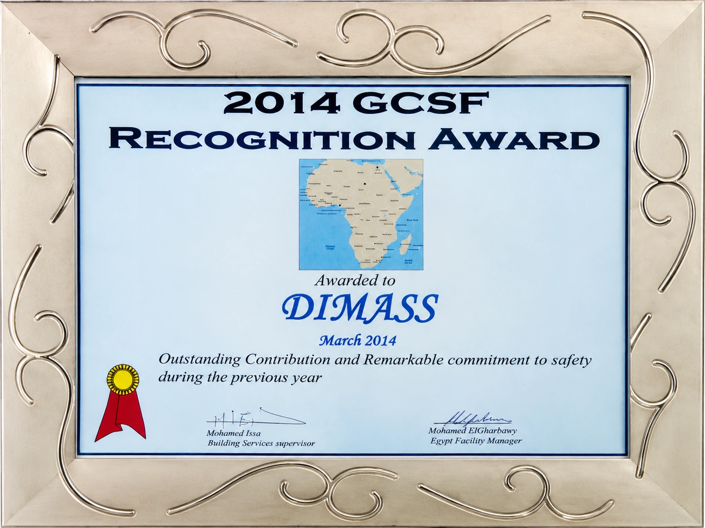 2014 GCSF Recognition Award certificate