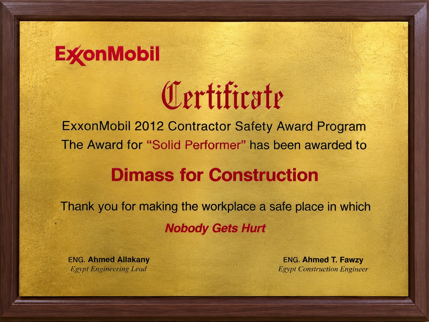 ExxonMobil 2012 Solid Performer safety award certificate